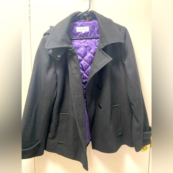 Calvin Klein size 16 women’s black coat lined with purple satin hooded - Picture 1 of 8